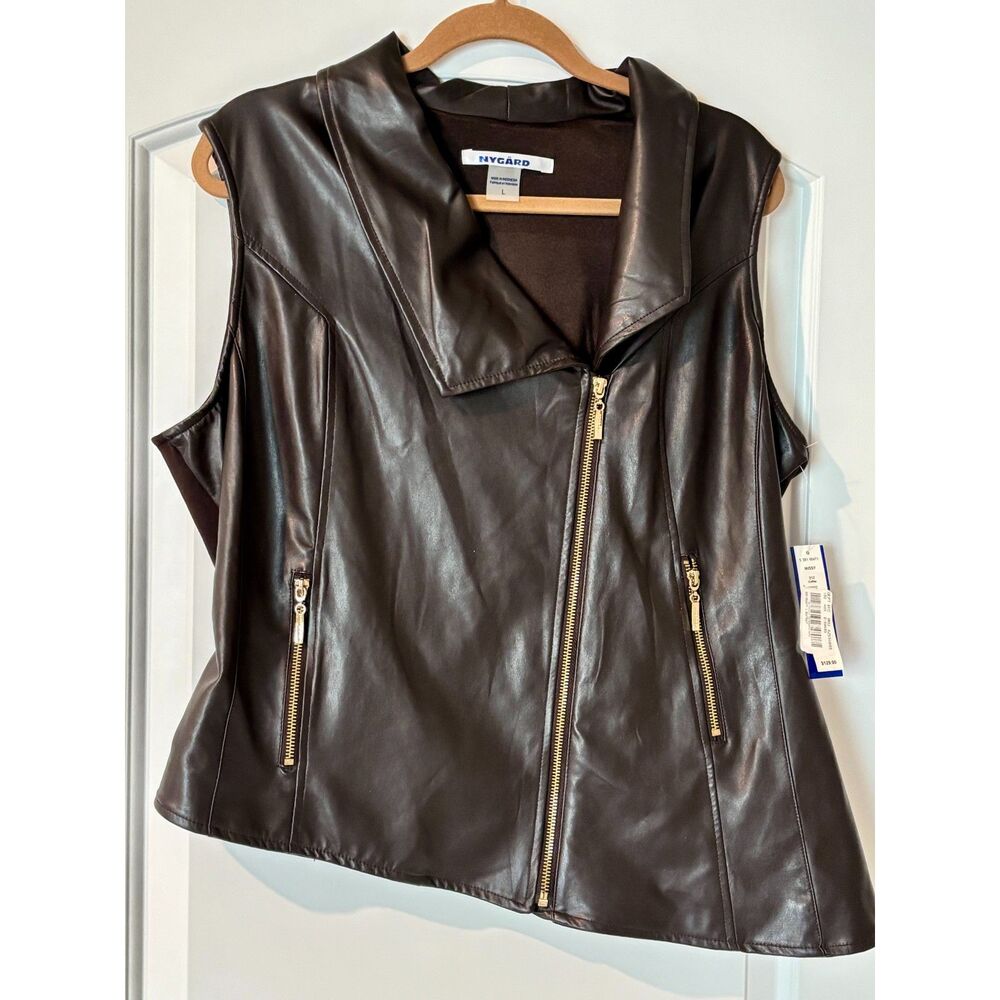 Nygard NWT Womens Large Moto Vest Asymmetrical Rich Brown Metal Zipper Accents